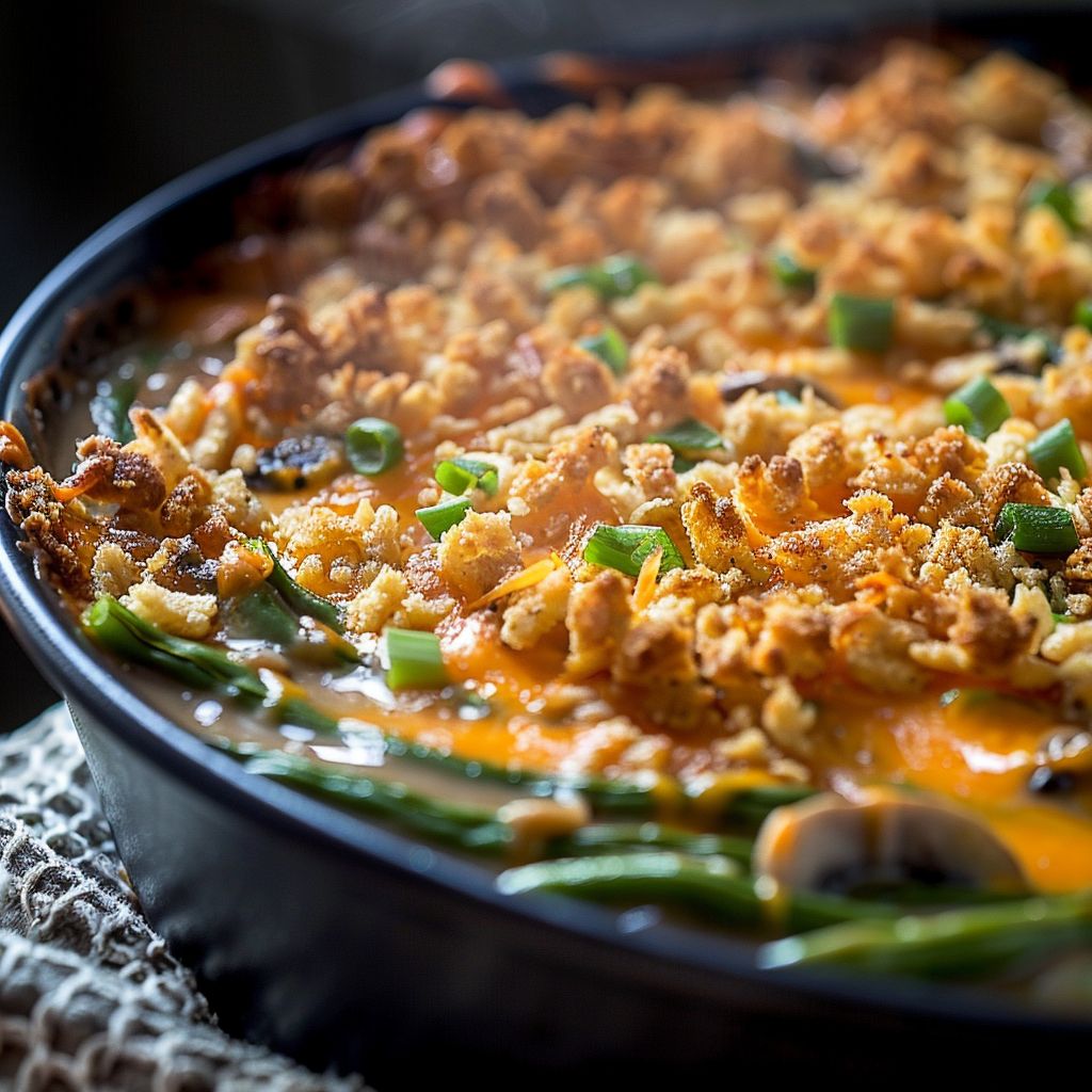 Close-up of Southern Green Bean Casserole in a baking dish, with crispy onions topping.