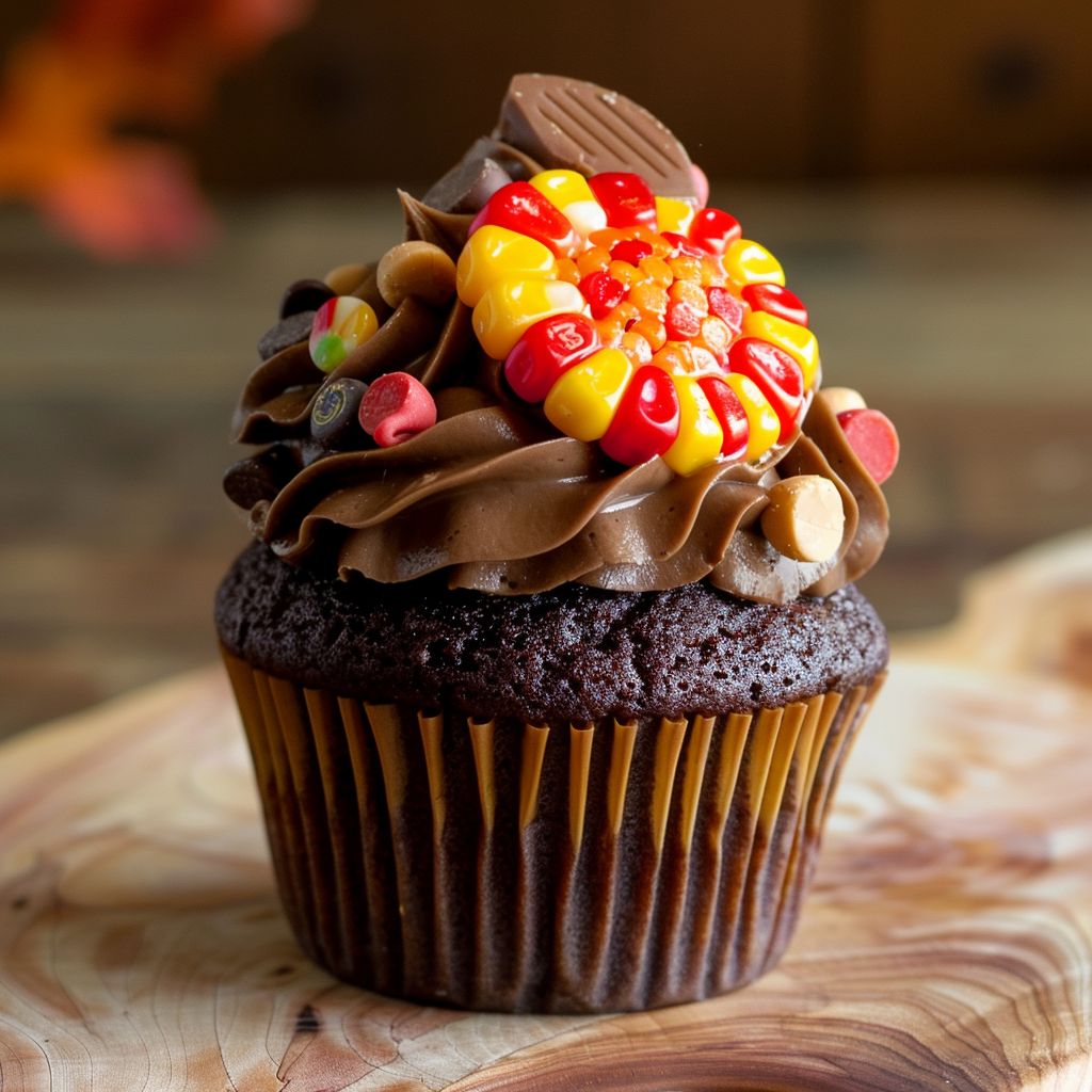 Close-up of beautifully decorated turkey-themed cupcakes with candy corn and mini chocolate chips.