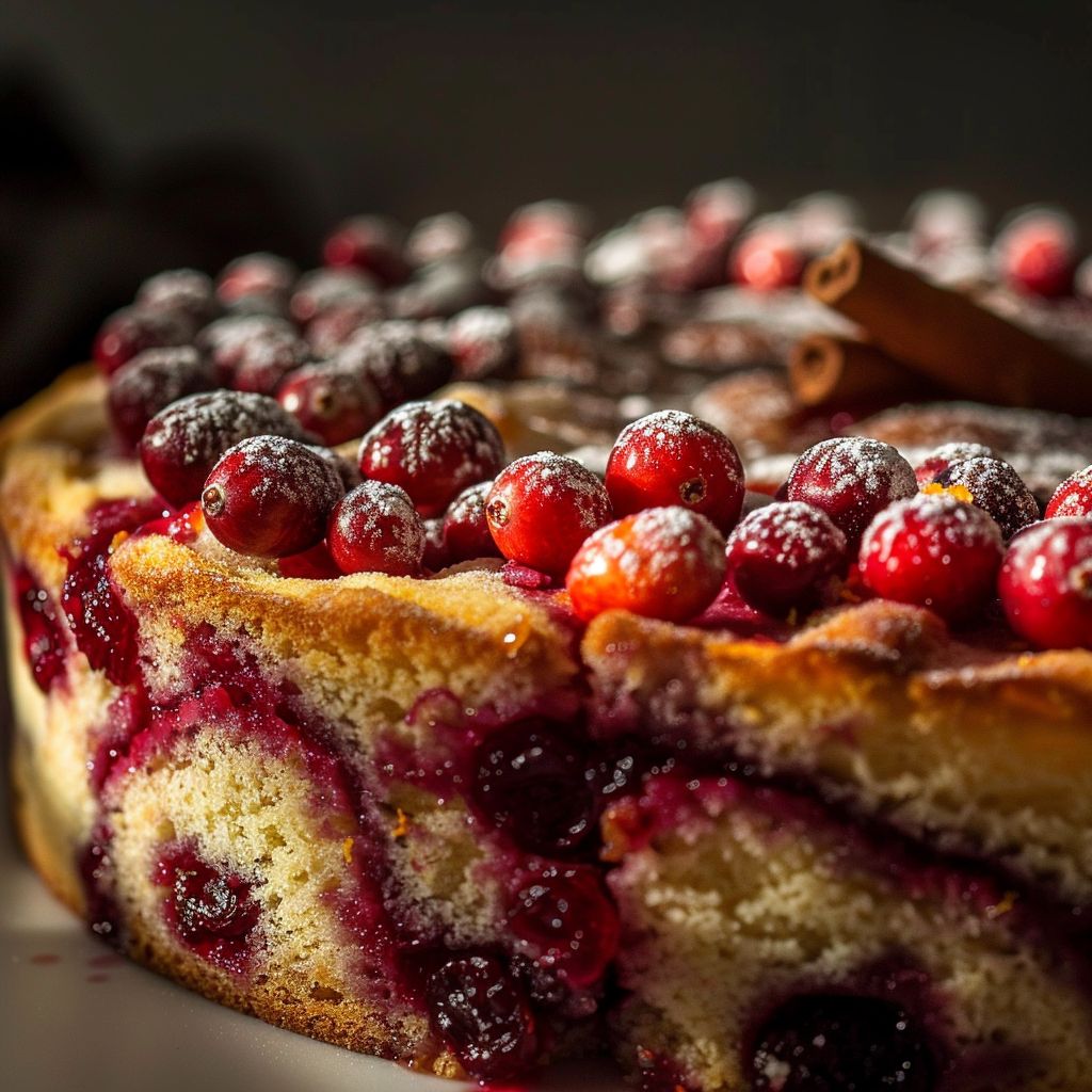 Close-up of a cranberry-infused swirl cake with a rich texture, showcasing a glossy cranberry glaze.
