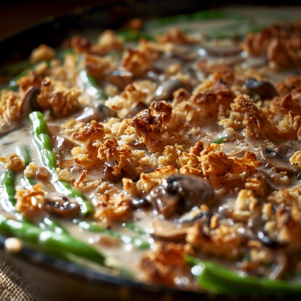Close-up of a creamy green bean casserole topped with crispy onions, served in a rustic dish.