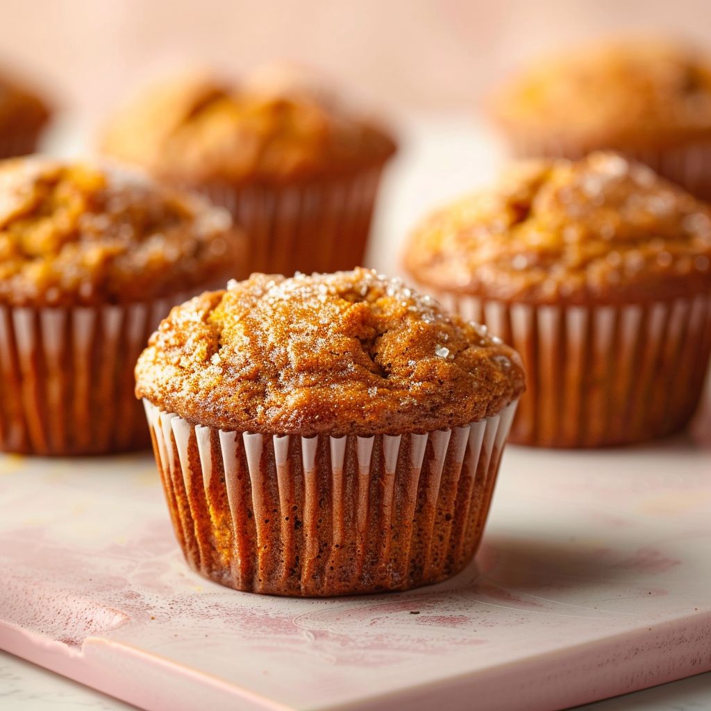 A close-up of pumpkin banana muffins on a pale pink surface, illuminated by natural light.
