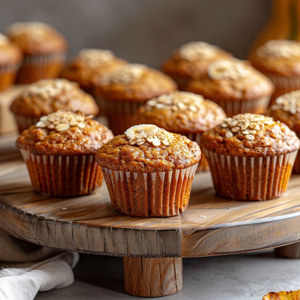 Close-up of pumpkin banana muffins on a light-washed wooden board.