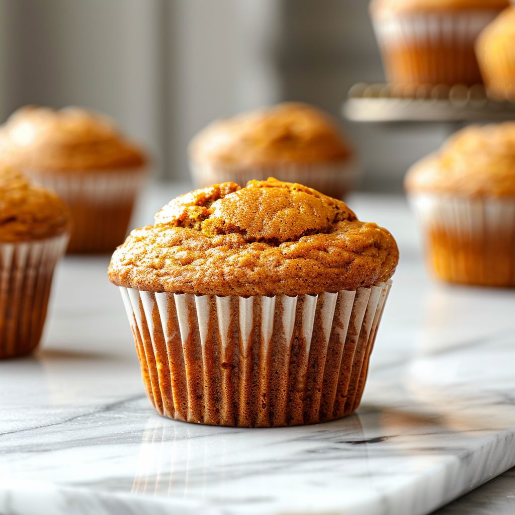 Close-up of pumpkin banana muffins on a white marble countertop, softly lit.