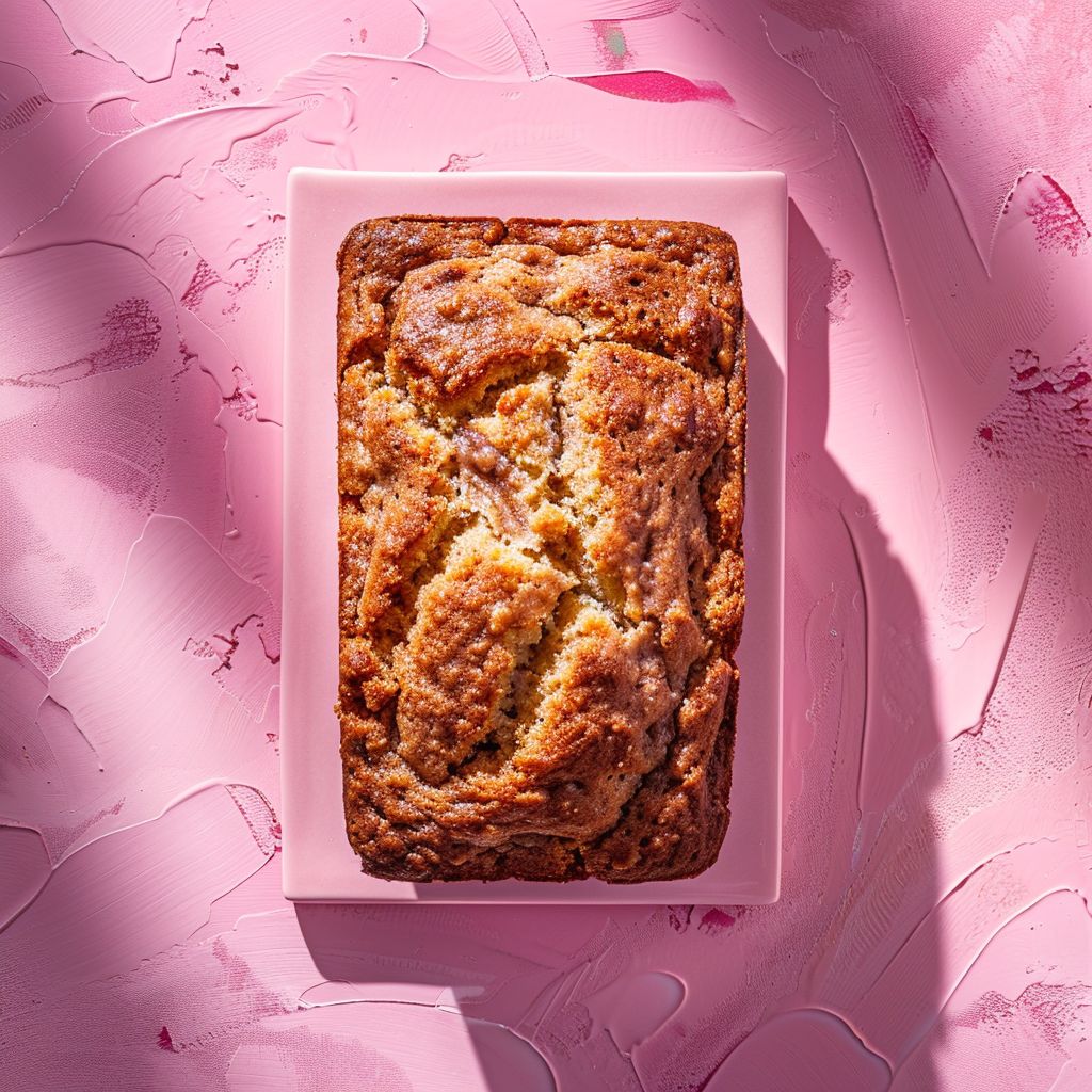 Top-down view of a slice of cinnamon swirl banana bread on a pale pink surface.