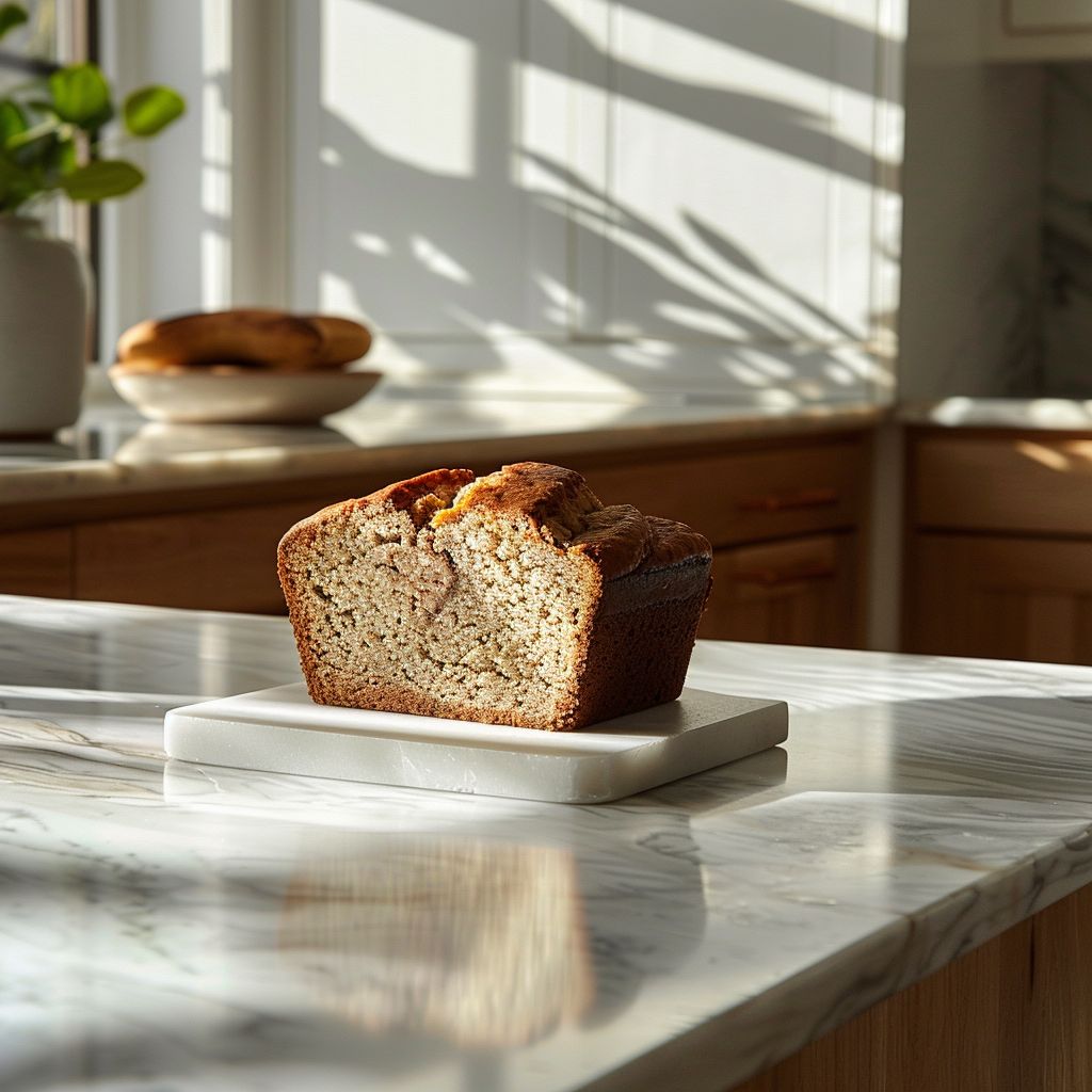 A slice of cinnamon swirl banana bread on a white marble countertop in bright natural light.