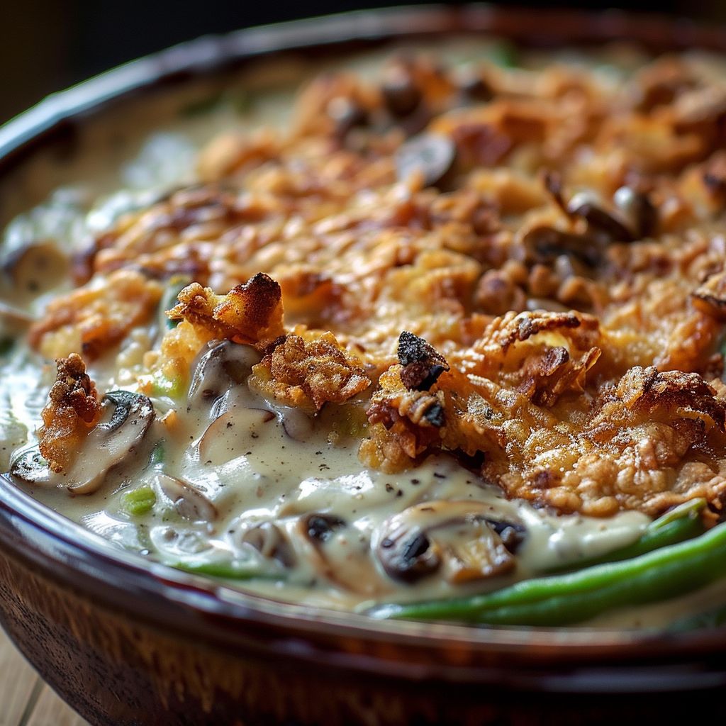Close-up of a creamy green bean casserole topped with crispy onions in natural light.