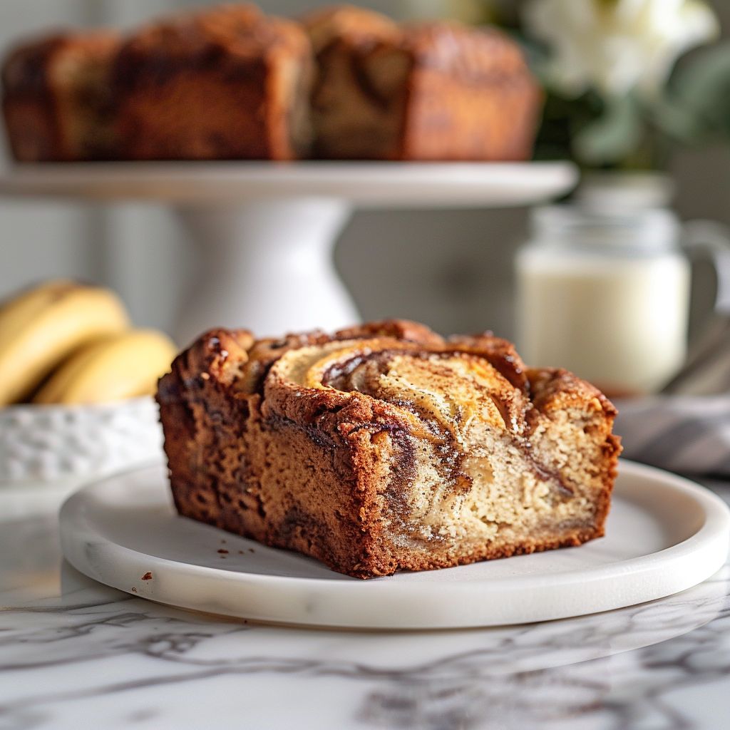A slice of cinnamon swirl banana bread on a white marble countertop, illuminated by soft natural light.
