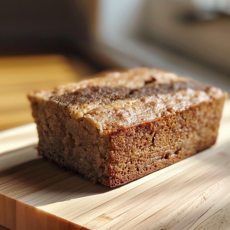 A close-up of a slice of vegan gluten-free banana bread on a light wood board, showcasing its moist texture.