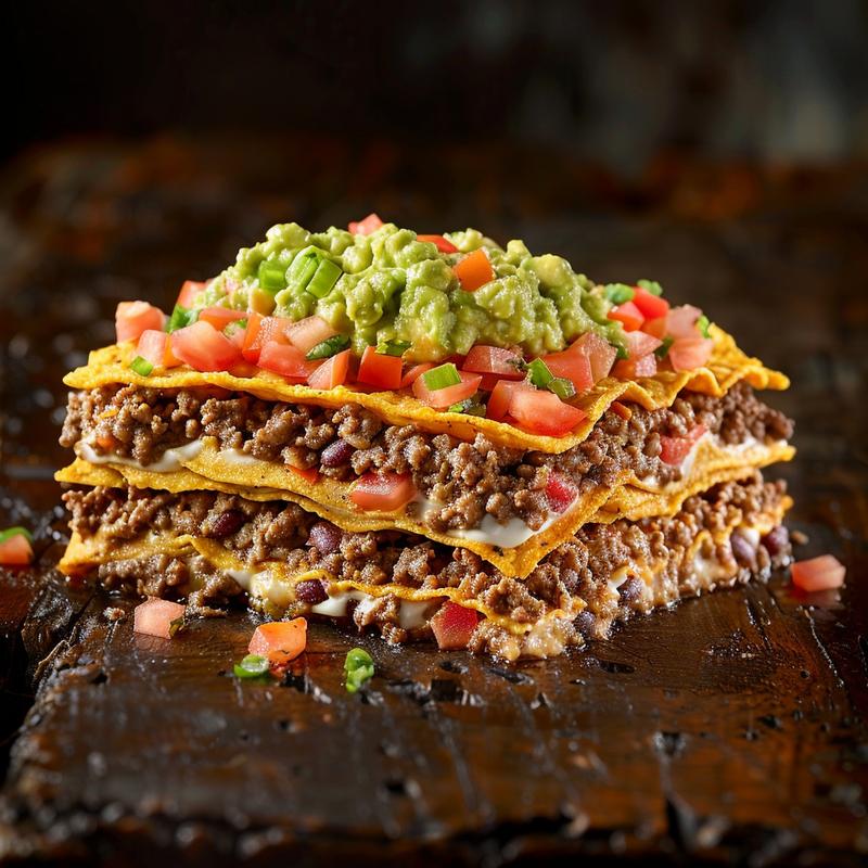 Close-up of seven-layer dip with visible ground beef and guacamole.