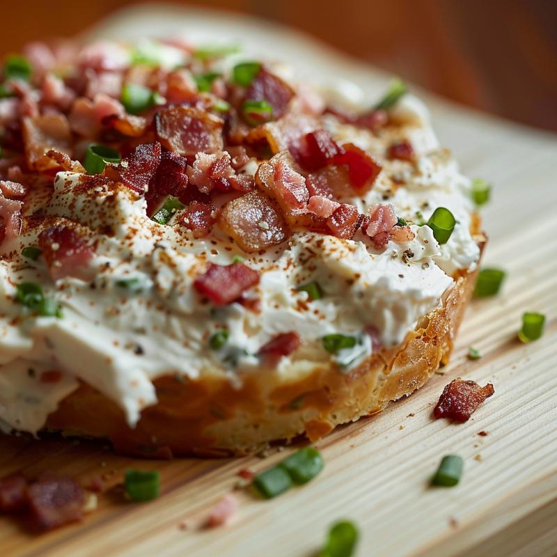 Close-up of creamy dip with visible bacon and green onions on a wood board.