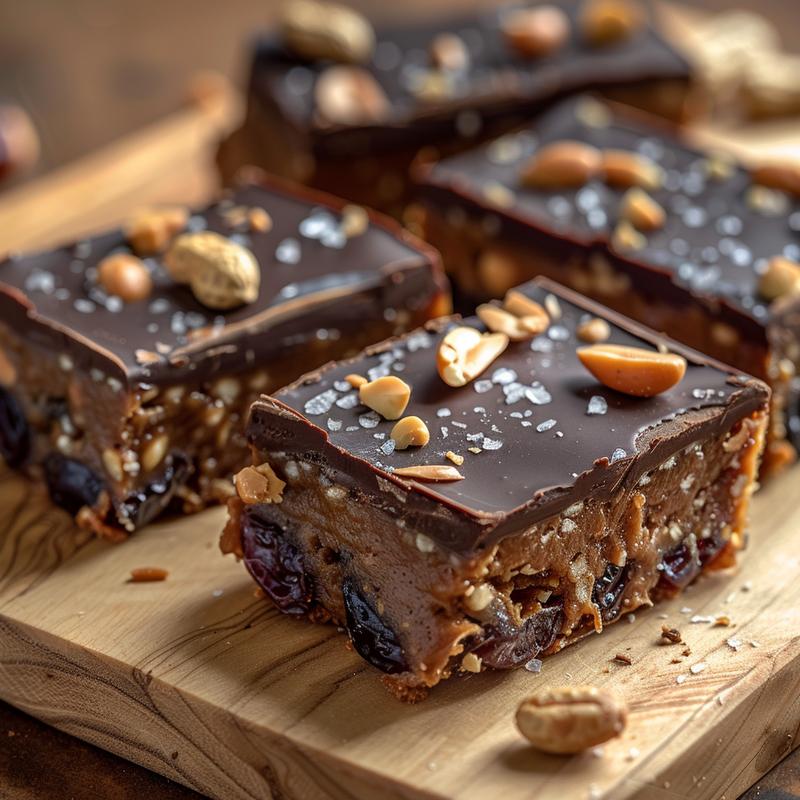 Extreme close-up of a date snickers bar on a light wood board.