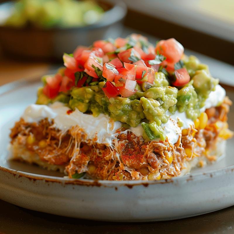 Close-up of a layered dip on a grey plate.