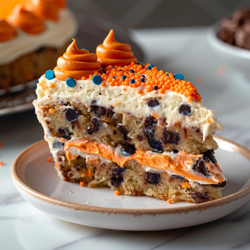 Close-up of a slice of Denver Broncos themed cookie cake with orange and blue frosting on a white marble surface.