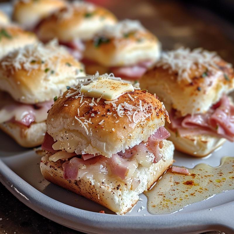 Close-up of an Italian slider showing ingredients.