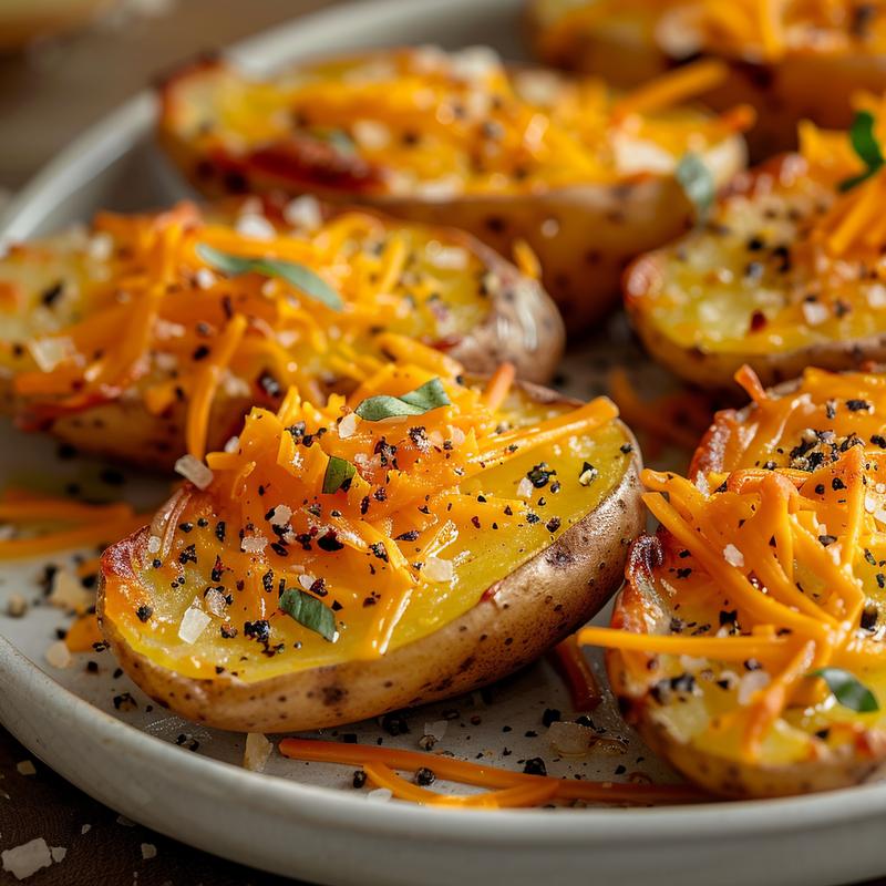 Close-up of loaded potato skins with cheese, oil, and seasoning.