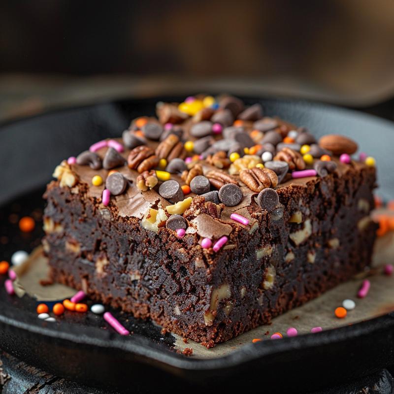 Close-up of rich, dark brownies with visible ingredients and team-colored sprinkles on a cast iron surface.