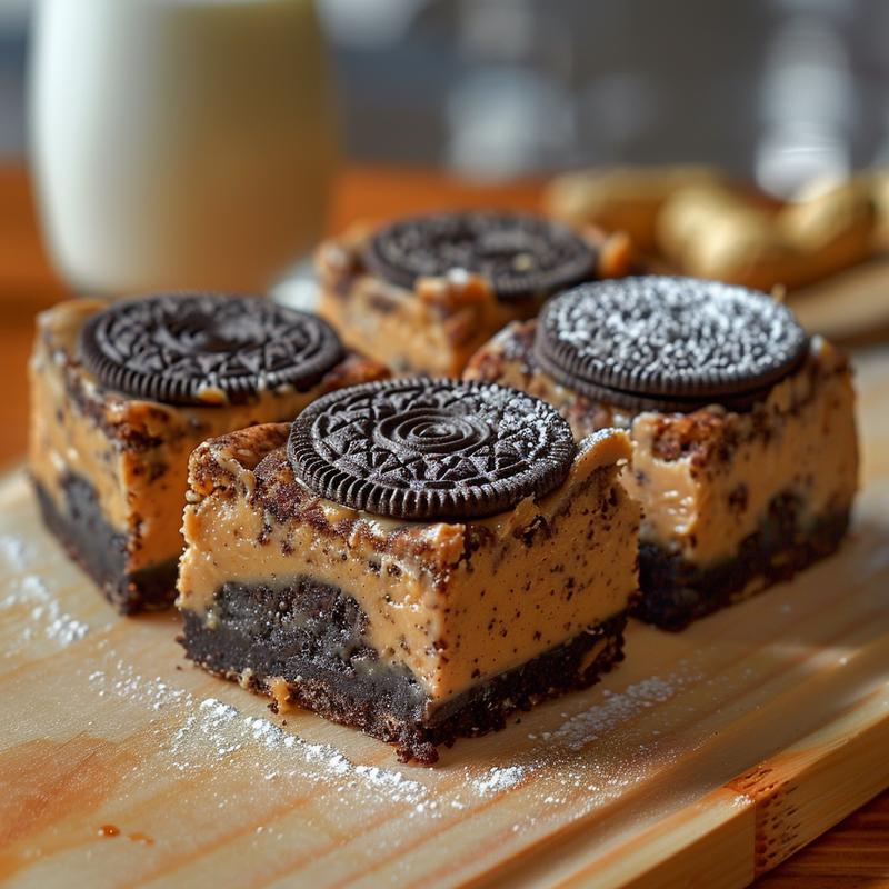Close-up of peanut butter Oreo bars with visible Oreo cookie pieces and powdered sugar on a light wood board.