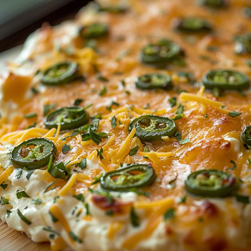 Close-up of creamy jalapeno popper dip with visible cheese and jalapenos.