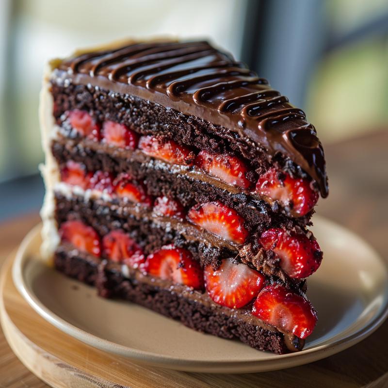 Slice of layered chocolate cake with strawberries on a plate.