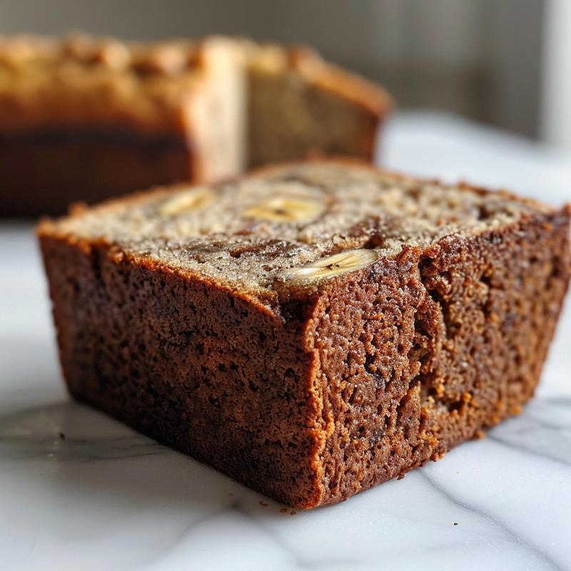 Close-up of a slice of keto banana bread on a marble surface.