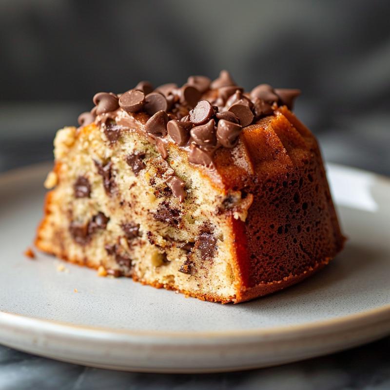 A close-up view of a slice of banana chocolate chip bundt cake on a light grey ceramic plate.