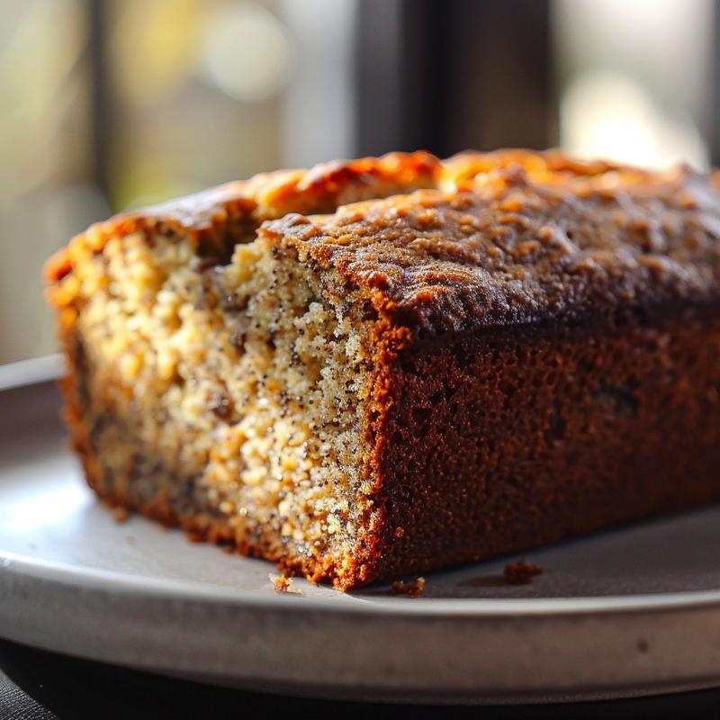 Close-up of a slice of moist Greek yogurt banana bread on a light grey plate with a smooth texture.
