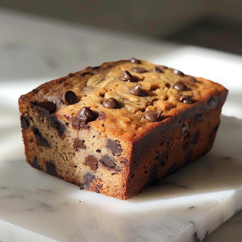 Close-up of a slice of healthier chocolate chip banana bread on a white marble surface.