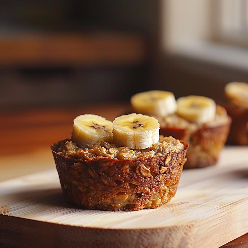 Close-up of healthy banana oatmeal muffins on a light wood board with soft shadows.