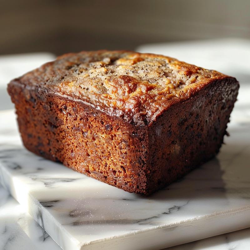 Close-up view of a slice of sugar-free banana bread on a marble surface, showcasing its moist texture.