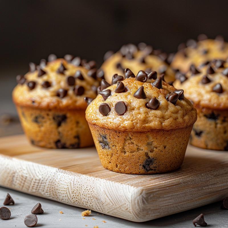 Close-up of a moist sourdough banana muffin studded with chocolate chips on a wooden board.