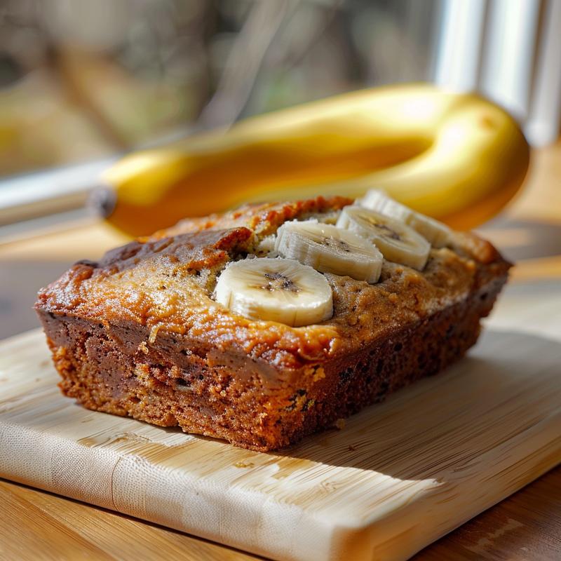 Close-up of a slice of moist banana bread with two whole bananas beside it on a wooden board.