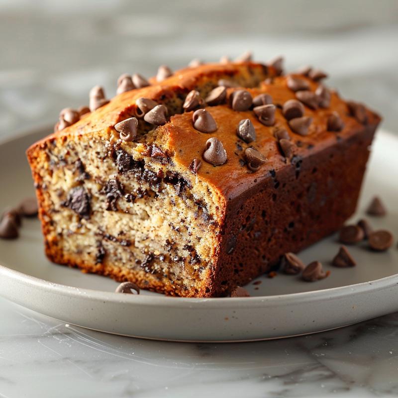 Close-up of a slice of sourdough banana bread with chocolate chips on a light grey plate.