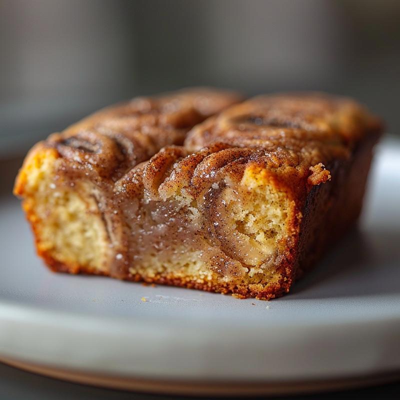 A close-up view of a slice of cinnamon swirl banana bread on a grey ceramic plate, showcasing the texture and swirls.