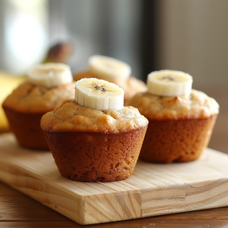 Close-up of Greek yogurt banana muffins on a light wood board, showcasing texture and color.