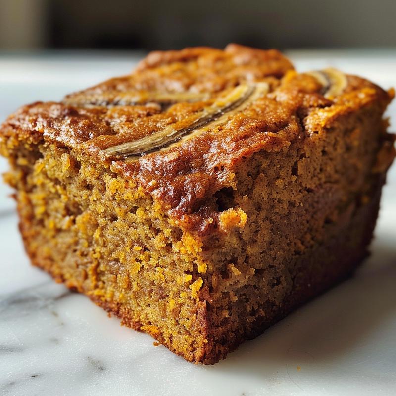 Close-up view of a slice of brown butter pumpkin banana bread on a white marble surface.