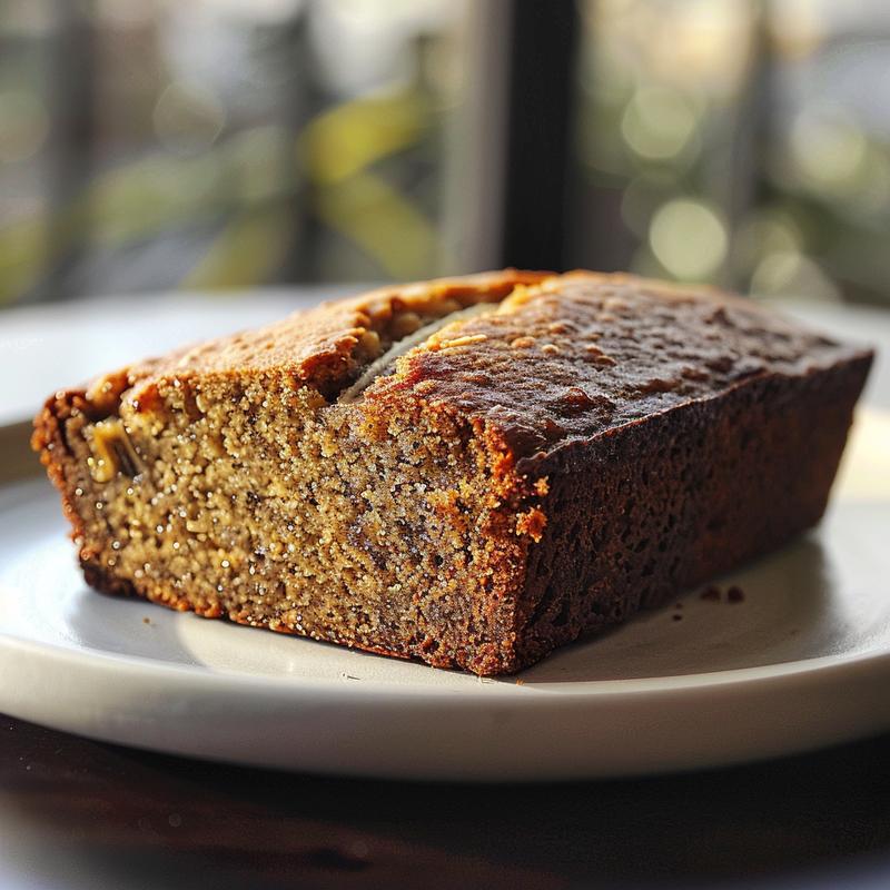 Close-up of a slice of banana bread on a light grey plate with a soft focus background.