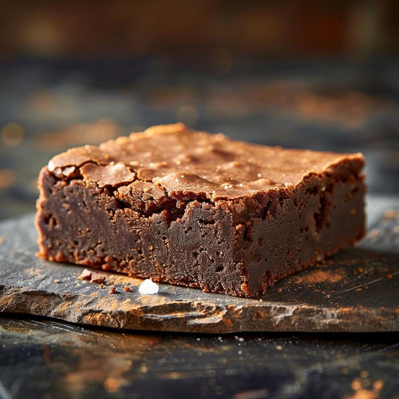 Close-up of a rich, dark brownie on a chipped slate plate.