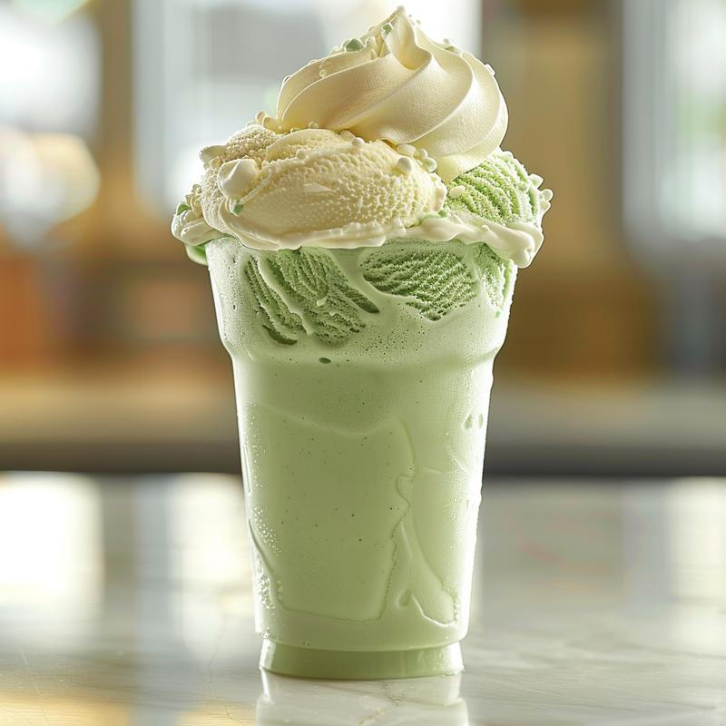 Close up of a green Shamrock Shake on white marble.
