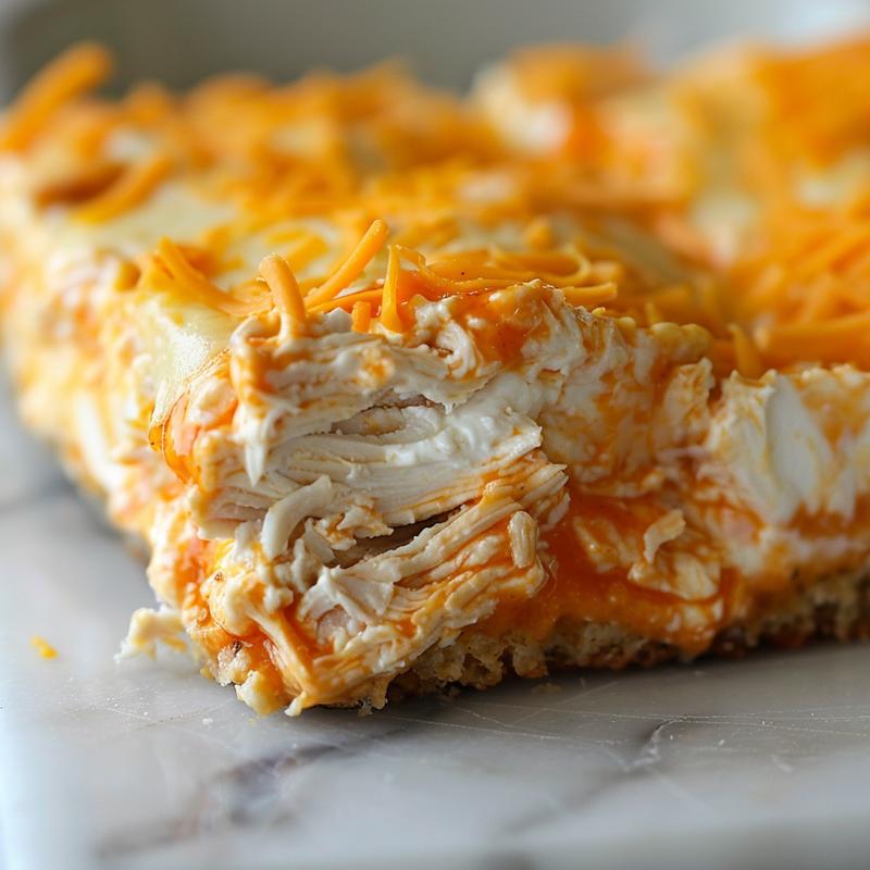 Close-up of buffalo chicken dip with visible chicken, cheese, and sauce.