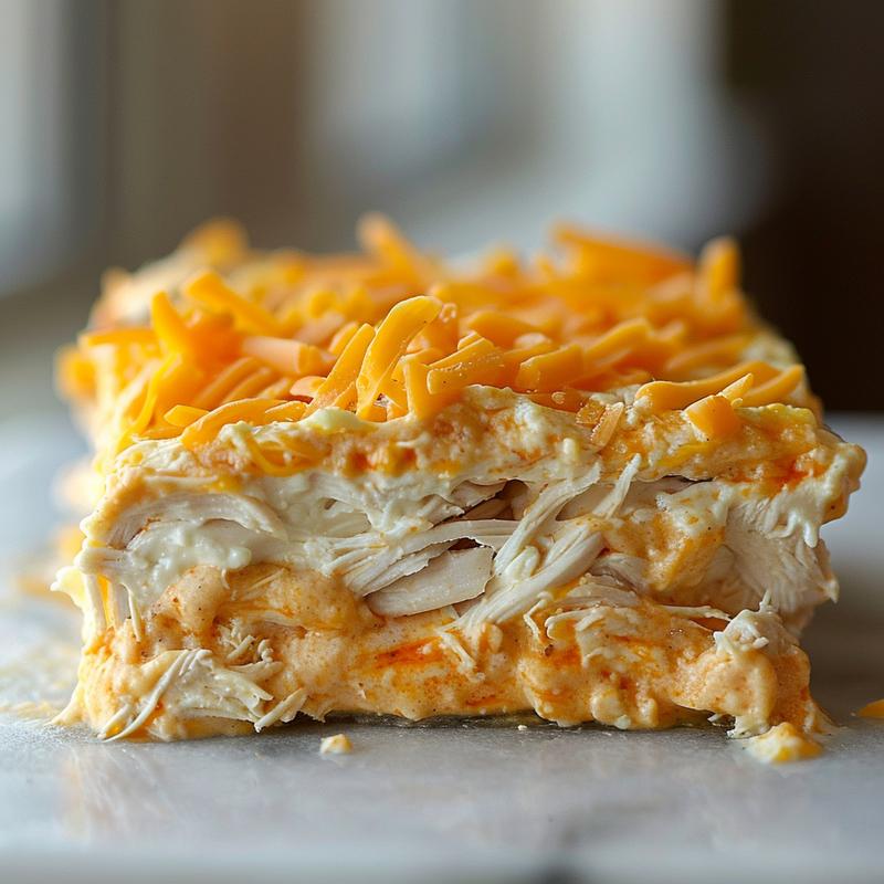 Close-up of creamy buffalo chicken dip with visible cheese and chicken.