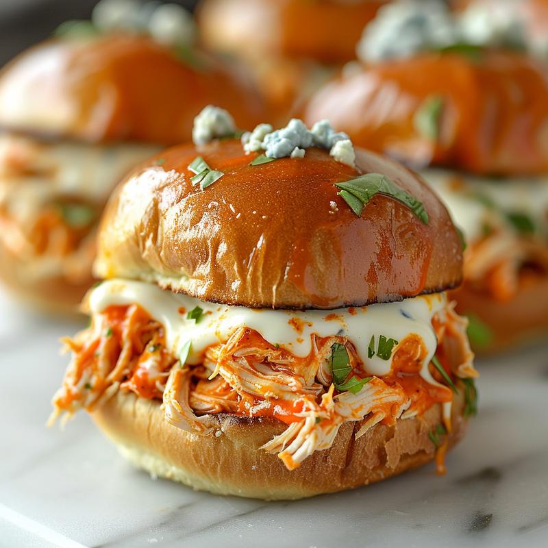 Close-up of buffalo chicken sliders on a white marble surface.