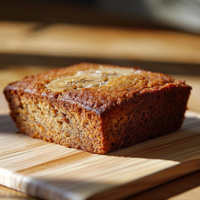 Close-up of a slice of banana bread on a light wood board, showcasing its texture.