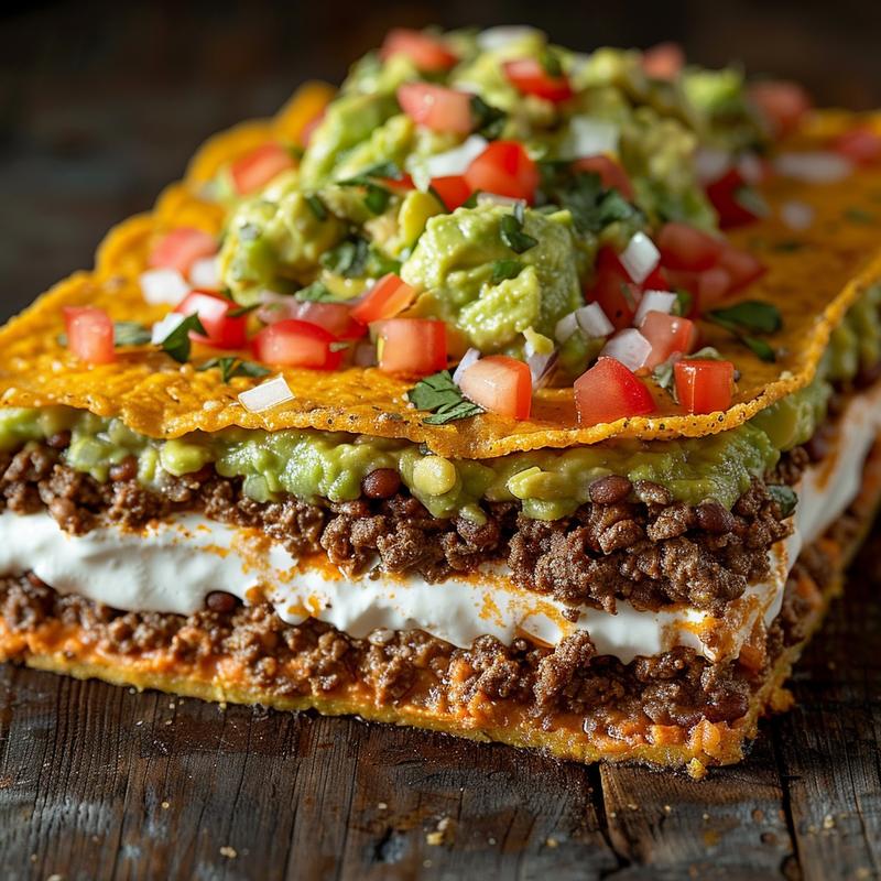 Close-up of seven-layer dip with visible ground beef and guacamole.