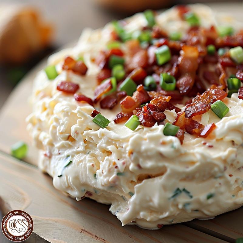 Close-up of creamy dip with visible bacon and green onions on a wood board.