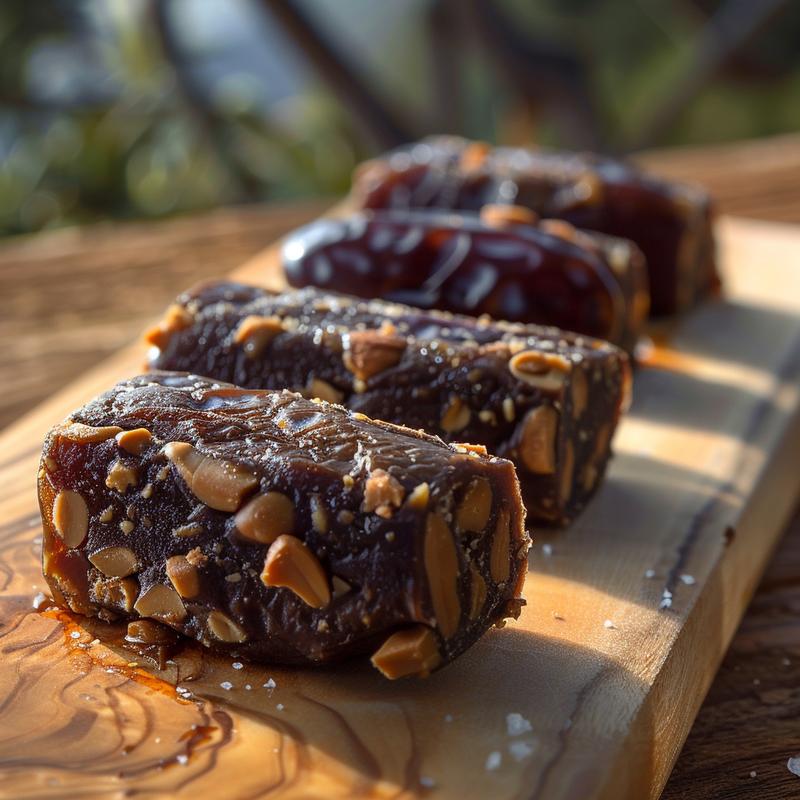 Extreme close-up of a date snickers bar on a light wood board.