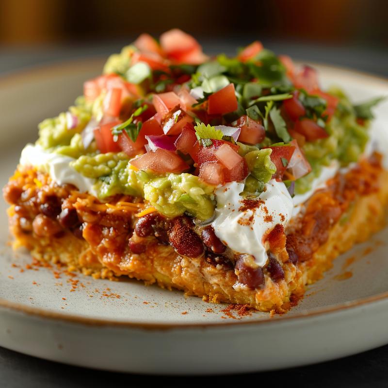 Close-up of a layered dip on a grey plate.