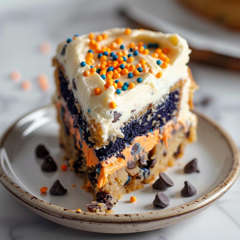 Close-up of a slice of Denver Broncos themed cookie cake with orange and blue frosting on a white marble surface.