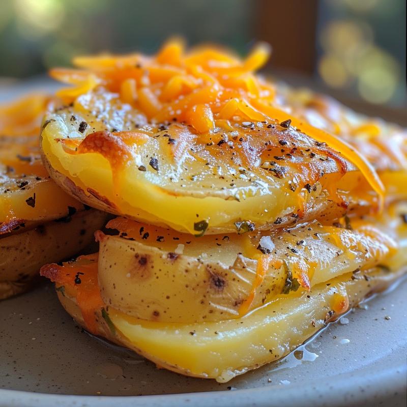Close-up of loaded potato skins with cheese, oil, and seasoning.