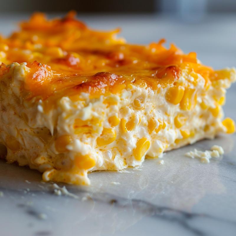 Close-up of creamy, cheesy corn dip.