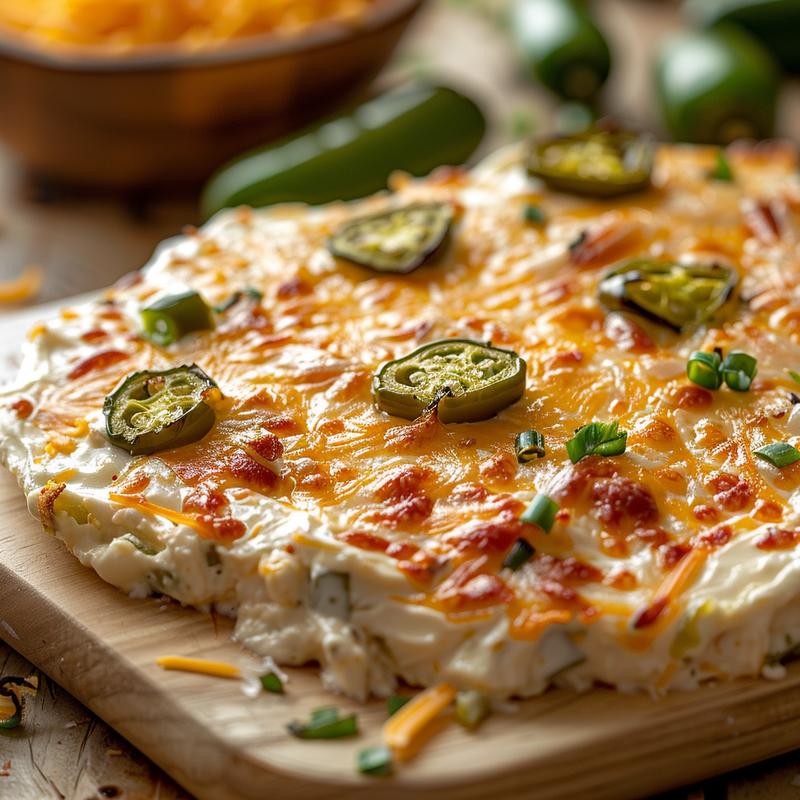 Close-up of creamy jalapeno popper dip with visible cheese and jalapenos.